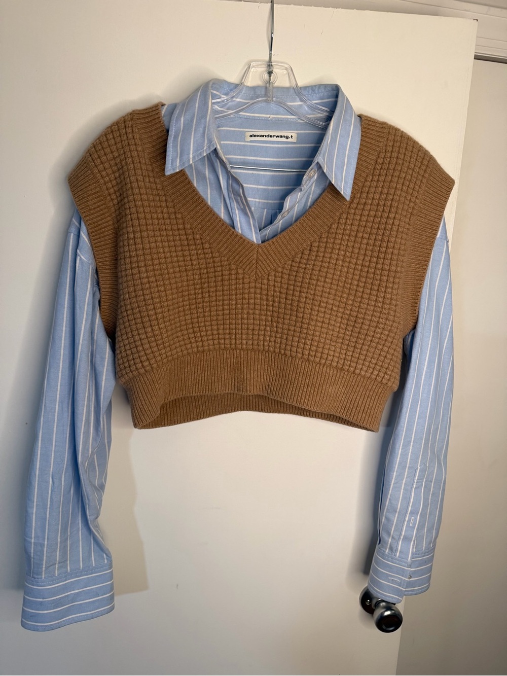 Alexander Wang layered brown knit cropped vest over blue and white button down - Picture 1 of 4